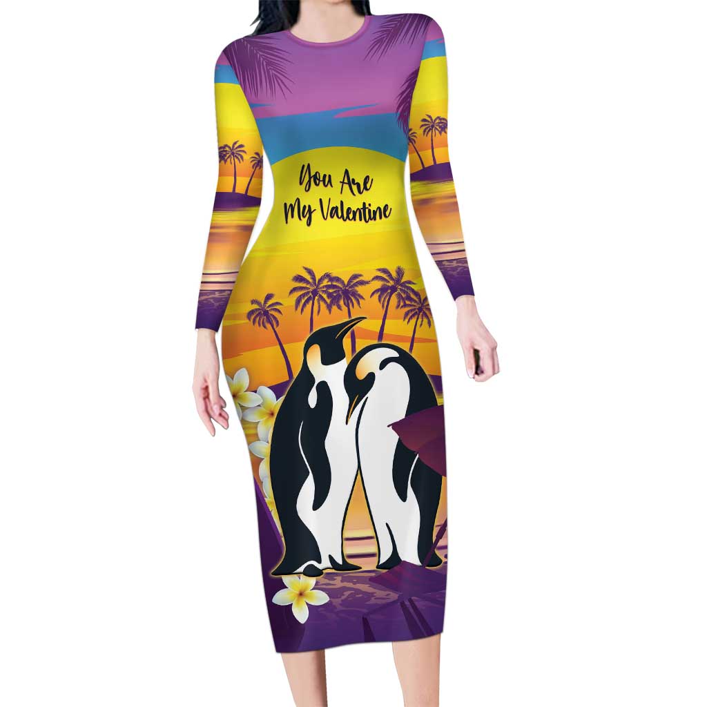 Hawaii Penguin Couple Long Sleeve Bodycon Dress You Are My Valentine - Tropical Sunset Vibes LT14 Long Dress Purple - Polynesian Pride
