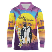 Hawaii Penguin Couple Long Sleeve Polo Shirt You Are My Valentine - Tropical Sunset Vibes LT14 Purple - Polynesian Pride
