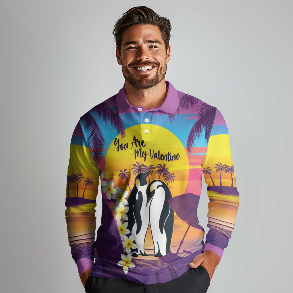 Hawaii Penguin Couple Long Sleeve Polo Shirt You Are My Valentine - Tropical Sunset Vibes LT14 - Polynesian Pride