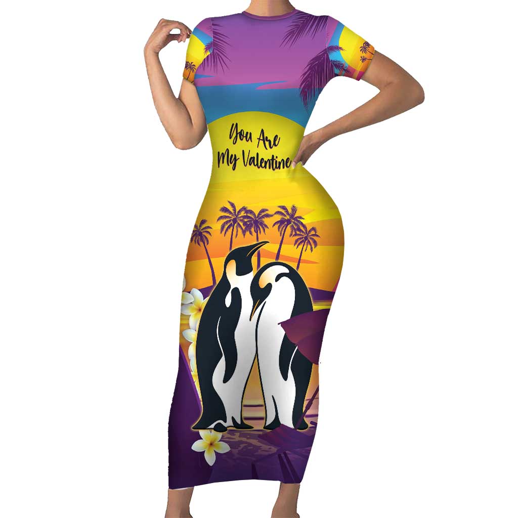 Hawaii Penguin Couple Short Sleeve Bodycon Dress You Are My Valentine - Tropical Sunset Vibes LT14 Long Dress Purple - Polynesian Pride