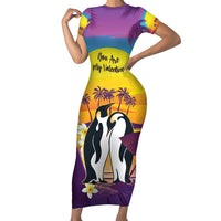 Hawaii Penguin Couple Short Sleeve Bodycon Dress You Are My Valentine - Tropical Sunset Vibes LT14 Long Dress Purple - Polynesian Pride