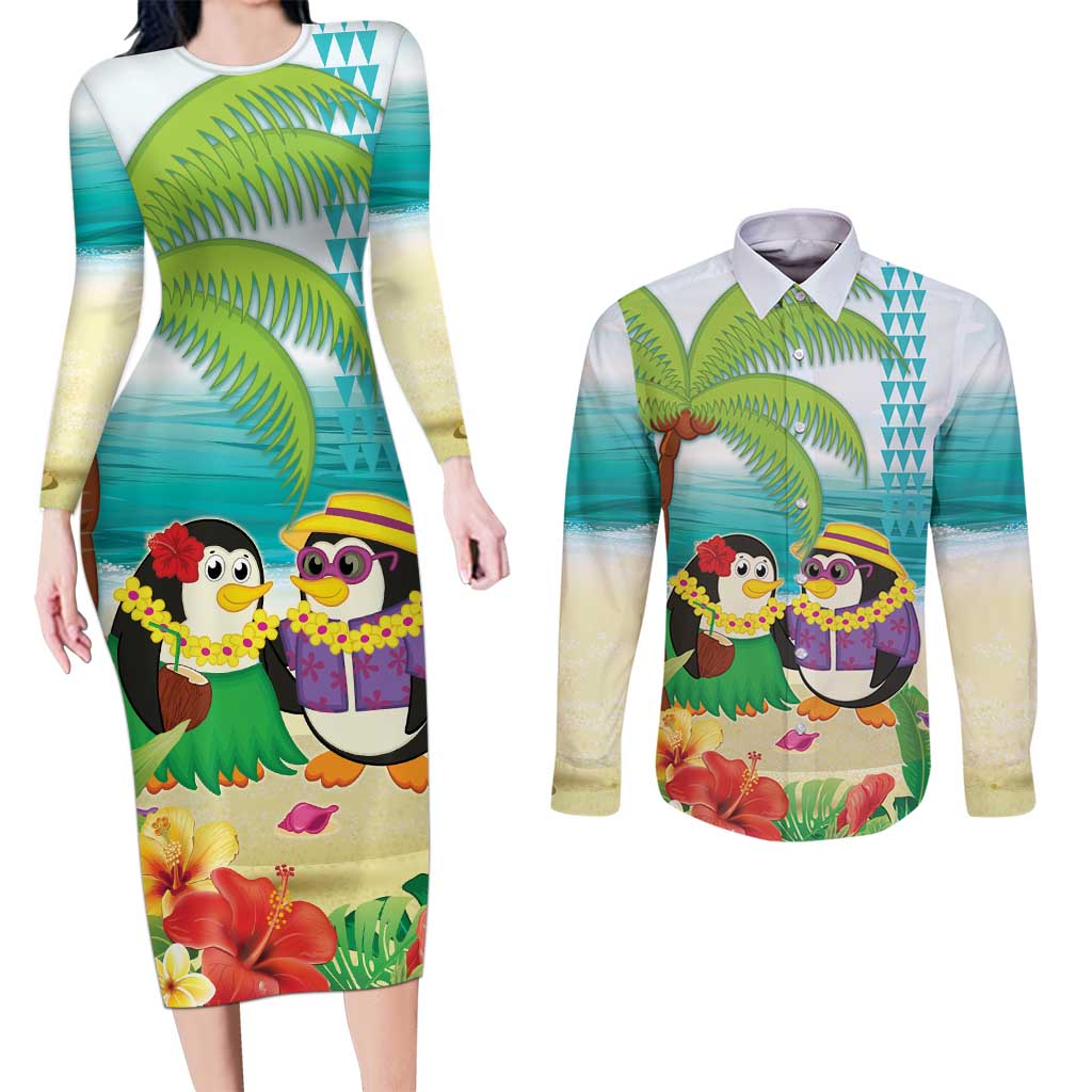 Hawaii Penguin Couple Couples Matching Long Sleeve Bodycon Dress and Long Sleeve Button Shirt Hawaiian Kakau - Tropical Summer Vibes LT14 Cyan - Polynesian Pride