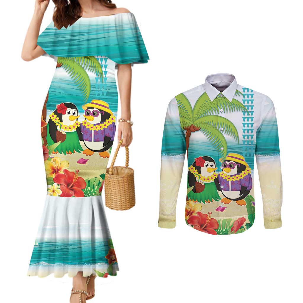 Hawaii Penguin Couple Couples Matching Mermaid Dress and Long Sleeve Button Shirt Hawaiian Kakau - Tropical Summer Vibes LT14 Cyan - Polynesian Pride