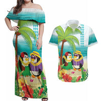 Hawaii Penguin Couple Couples Matching Off Shoulder Maxi Dress and Hawaiian Shirt Hawaiian Kakau - Tropical Summer Vibes LT14 Cyan - Polynesian Pride