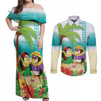 Hawaii Penguin Couple Couples Matching Off Shoulder Maxi Dress and Long Sleeve Button Shirt Hawaiian Kakau - Tropical Summer Vibes LT14 Cyan - Polynesian Pride