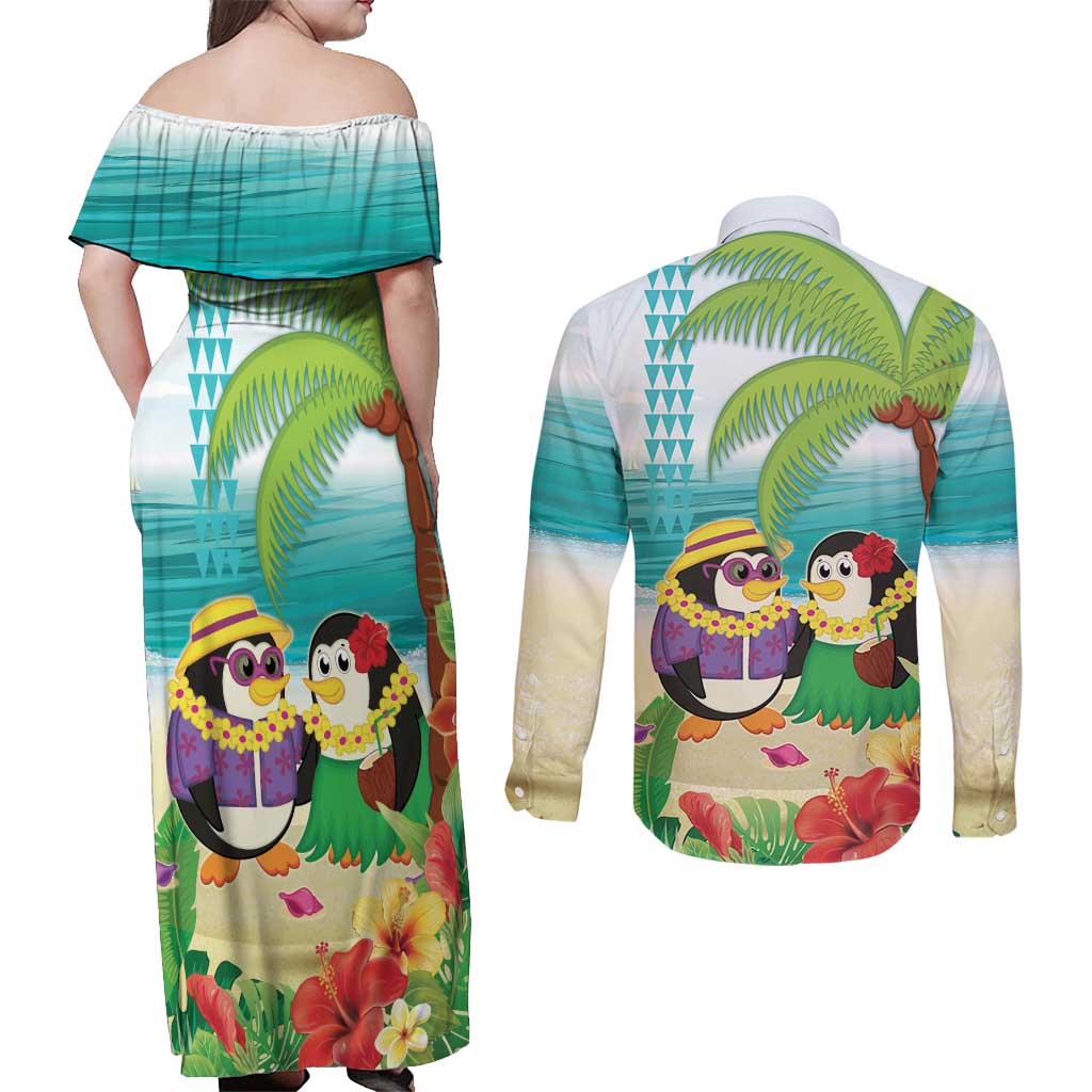 Hawaii Penguin Couple Couples Matching Off Shoulder Maxi Dress and Long Sleeve Button Shirt Hawaiian Kakau - Tropical Summer Vibes LT14 - Polynesian Pride