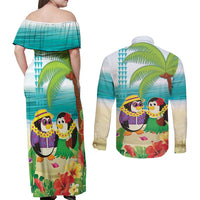 Hawaii Penguin Couple Couples Matching Off Shoulder Maxi Dress and Long Sleeve Button Shirt Hawaiian Kakau - Tropical Summer Vibes LT14 - Polynesian Pride
