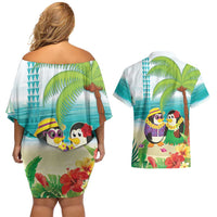 Hawaii Penguin Couple Couples Matching Off Shoulder Short Dress and Hawaiian Shirt Hawaiian Kakau - Tropical Summer Vibes LT14 - Polynesian Pride