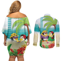 Hawaii Penguin Couple Couples Matching Off Shoulder Short Dress and Long Sleeve Button Shirt Hawaiian Kakau - Tropical Summer Vibes LT14 - Polynesian Pride