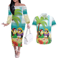 Hawaii Penguin Couple Couples Matching Off The Shoulder Long Sleeve Dress and Hawaiian Shirt Hawaiian Kakau - Tropical Summer Vibes LT14 Cyan - Polynesian Pride