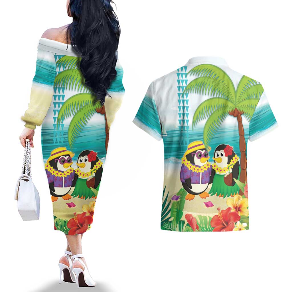 Hawaii Penguin Couple Couples Matching Off The Shoulder Long Sleeve Dress and Hawaiian Shirt Hawaiian Kakau - Tropical Summer Vibes LT14 - Polynesian Pride