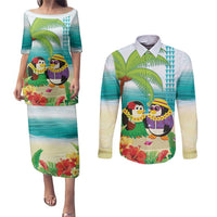 Hawaii Penguin Couple Couples Matching Puletasi and Long Sleeve Button Shirt Hawaiian Kakau - Tropical Summer Vibes LT14 Cyan - Polynesian Pride