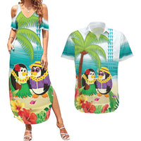 Hawaii Penguin Couple Couples Matching Summer Maxi Dress and Hawaiian Shirt Hawaiian Kakau - Tropical Summer Vibes LT14 Cyan - Polynesian Pride