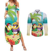 Hawaii Penguin Couple Couples Matching Summer Maxi Dress and Long Sleeve Button Shirt Hawaiian Kakau - Tropical Summer Vibes LT14 Cyan - Polynesian Pride