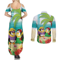 Hawaii Penguin Couple Couples Matching Summer Maxi Dress and Long Sleeve Button Shirt Hawaiian Kakau - Tropical Summer Vibes LT14 - Polynesian Pride