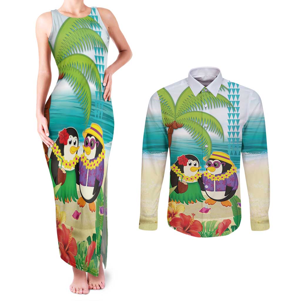 Hawaii Penguin Couple Couples Matching Tank Maxi Dress and Long Sleeve Button Shirt Hawaiian Kakau - Tropical Summer Vibes LT14 Cyan - Polynesian Pride