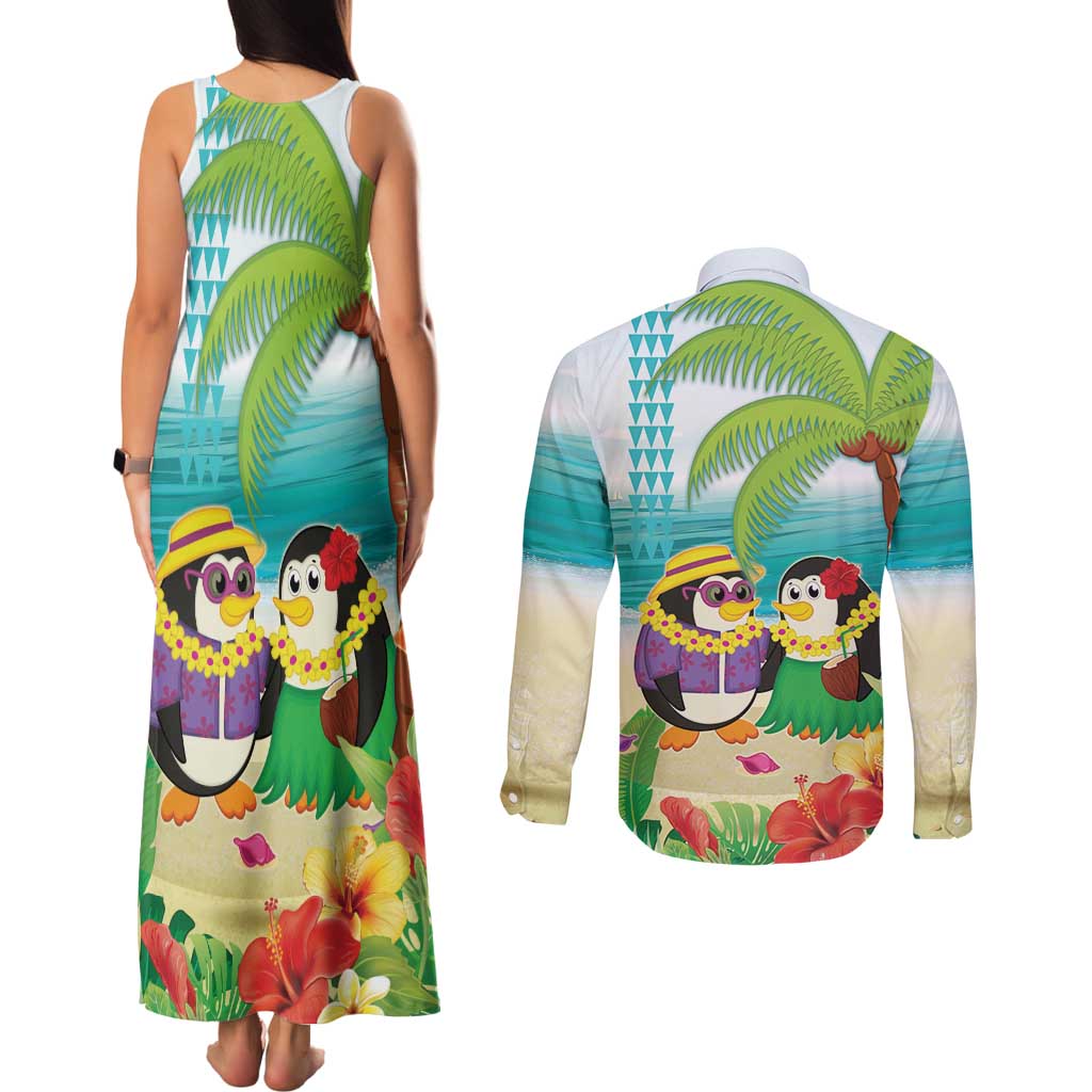 Hawaii Penguin Couple Couples Matching Tank Maxi Dress and Long Sleeve Button Shirt Hawaiian Kakau - Tropical Summer Vibes LT14 - Polynesian Pride