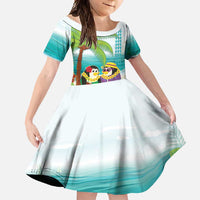 Hawaii Penguin Couple Family Matching Off Shoulder Maxi Dress and Hawaiian Shirt Hawaiian Kakau - Tropical Summer Vibes LT14 Daughter's Dress Cyan - Polynesian Pride