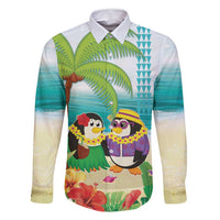 Hawaii Penguin Couple Family Matching Off Shoulder Maxi Dress and Hawaiian Shirt Hawaiian Kakau - Tropical Summer Vibes LT14 Dad's Shirt - Long Sleeve Cyan - Polynesian Pride