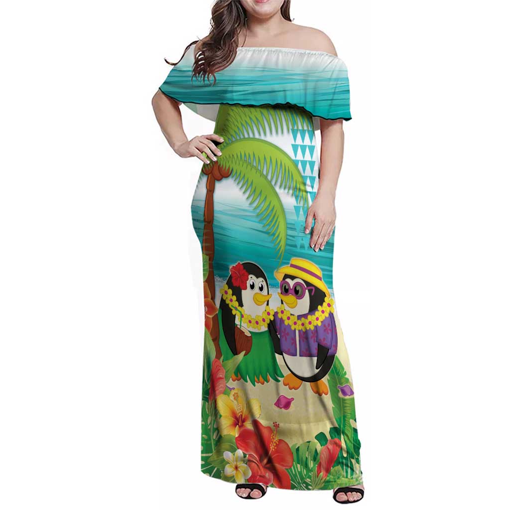 Hawaii Penguin Couple Family Matching Off Shoulder Maxi Dress and Hawaiian Shirt Hawaiian Kakau - Tropical Summer Vibes LT14 Mom's Dress Cyan - Polynesian Pride