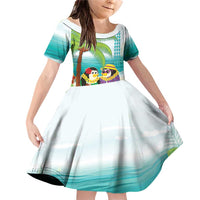 Hawaii Penguin Couple Family Matching Off Shoulder Short Dress and Hawaiian Shirt Hawaiian Kakau - Tropical Summer Vibes LT14 Daughter's Dress Cyan - Polynesian Pride