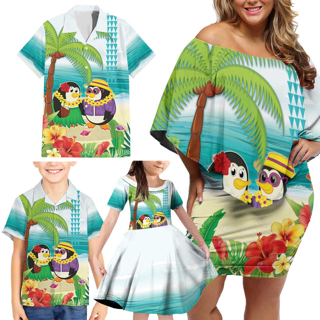 Hawaii Penguin Couple Family Matching Off Shoulder Short Dress and Hawaiian Shirt Hawaiian Kakau - Tropical Summer Vibes LT14 - Polynesian Pride