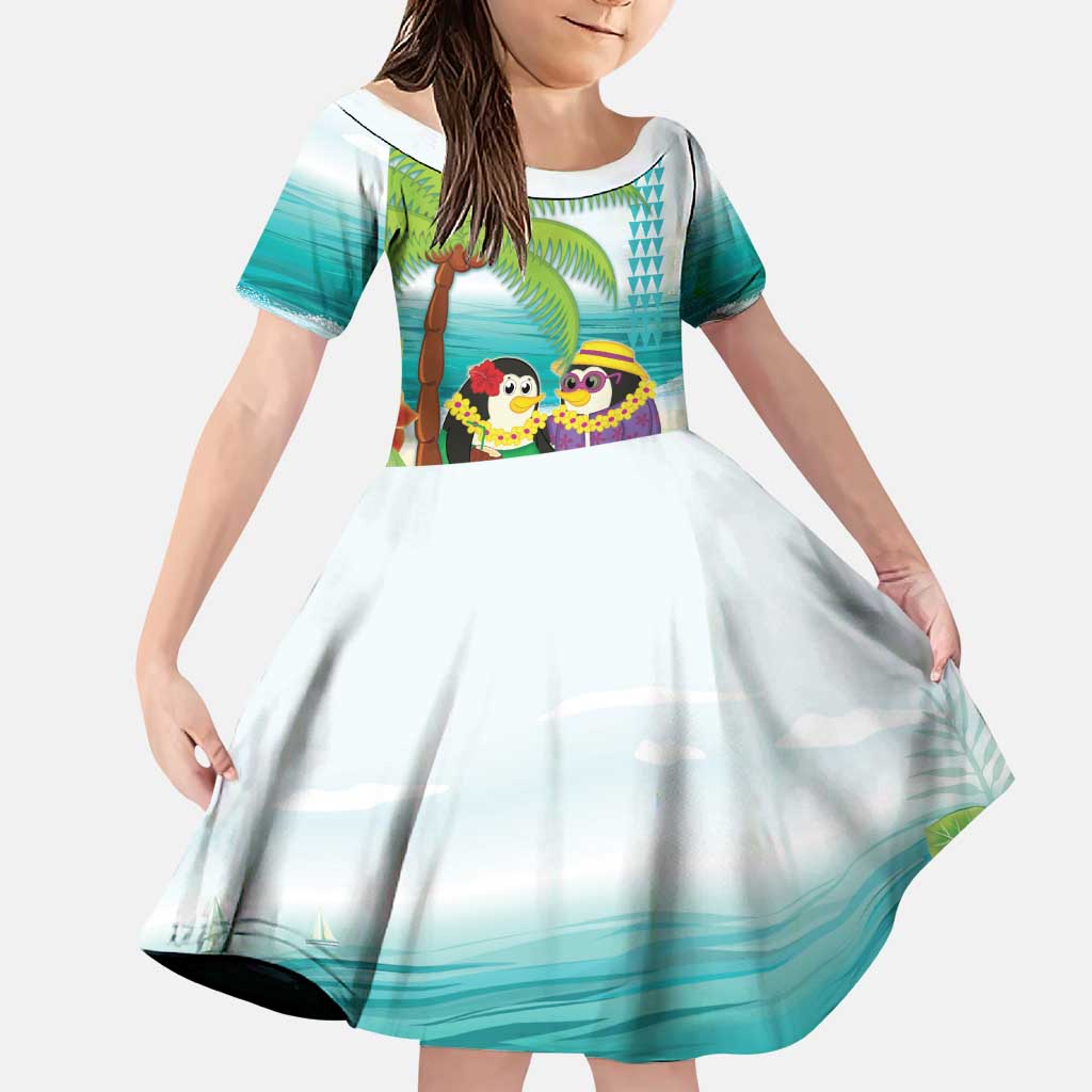 Hawaii Penguin Couple Family Matching Puletasi and Hawaiian Shirt Hawaiian Kakau - Tropical Summer Vibes LT14 Daughter's Dress Cyan - Polynesian Pride