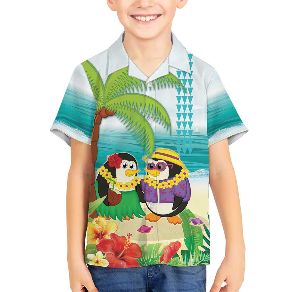 Hawaii Penguin Couple Family Matching Puletasi and Hawaiian Shirt Hawaiian Kakau - Tropical Summer Vibes LT14 Son's Shirt Cyan - Polynesian Pride