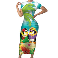 Hawaii Penguin Couple Family Matching Short Sleeve Bodycon Dress and Hawaiian Shirt Hawaiian Kakau - Tropical Summer Vibes LT14 Mom's Dress Cyan - Polynesian Pride