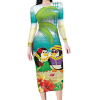 Hawaii Penguin Couple Long Sleeve Bodycon Dress Hawaiian Kakau - Tropical Summer Vibes LT14 Long Dress Cyan - Polynesian Pride