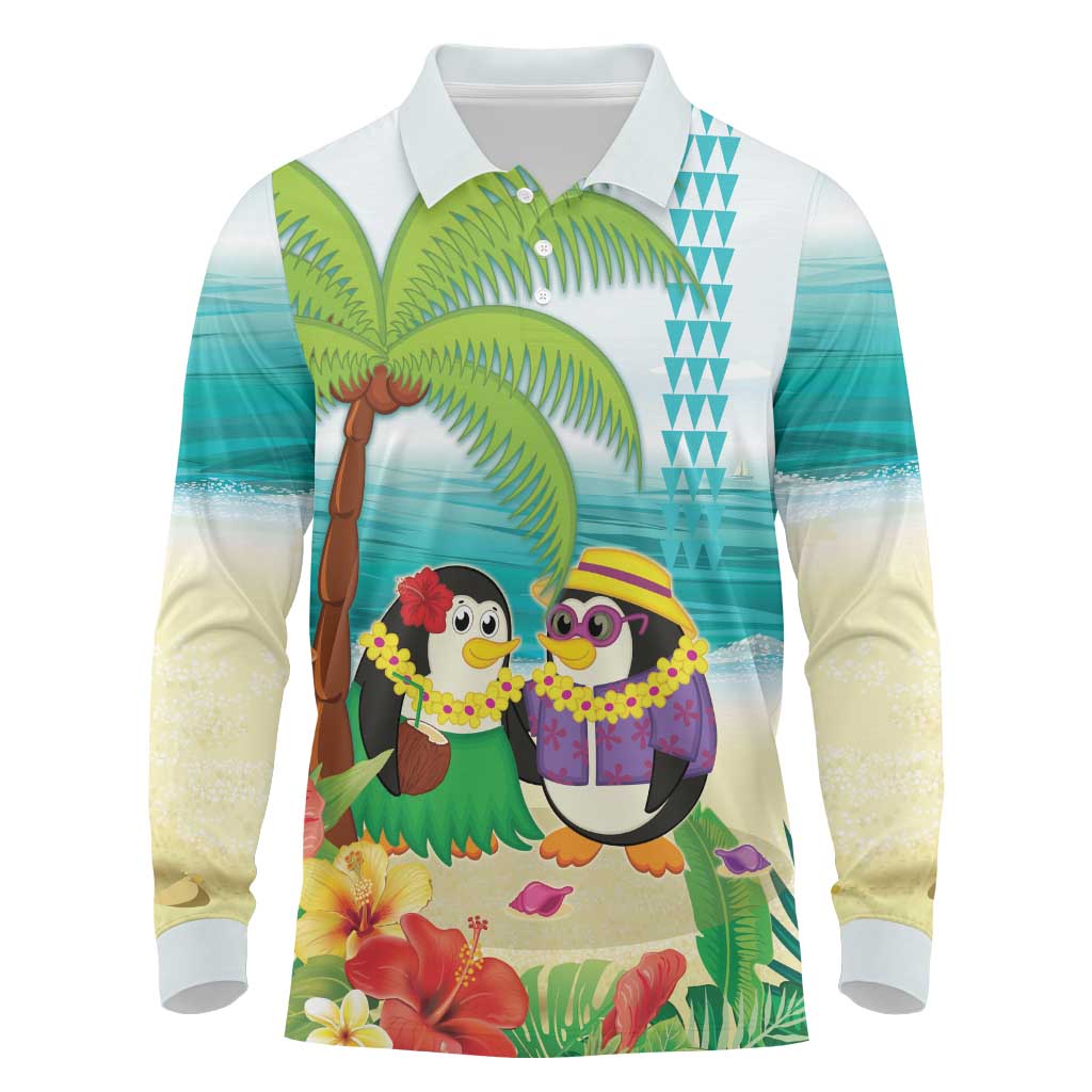 Hawaii Penguin Couple Long Sleeve Polo Shirt Hawaiian Kakau - Tropical Summer Vibes LT14 Cyan - Polynesian Pride