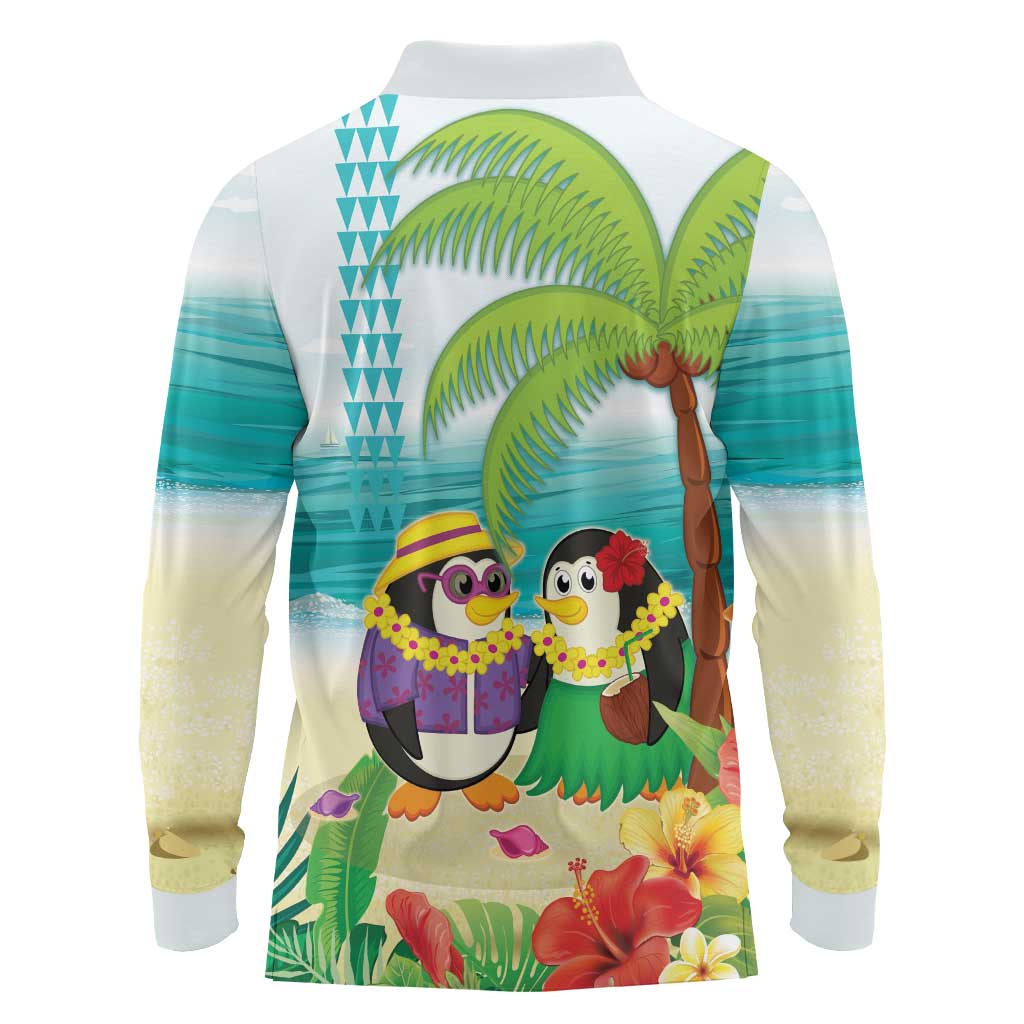 Hawaii Penguin Couple Long Sleeve Polo Shirt Hawaiian Kakau - Tropical Summer Vibes LT14 - Polynesian Pride