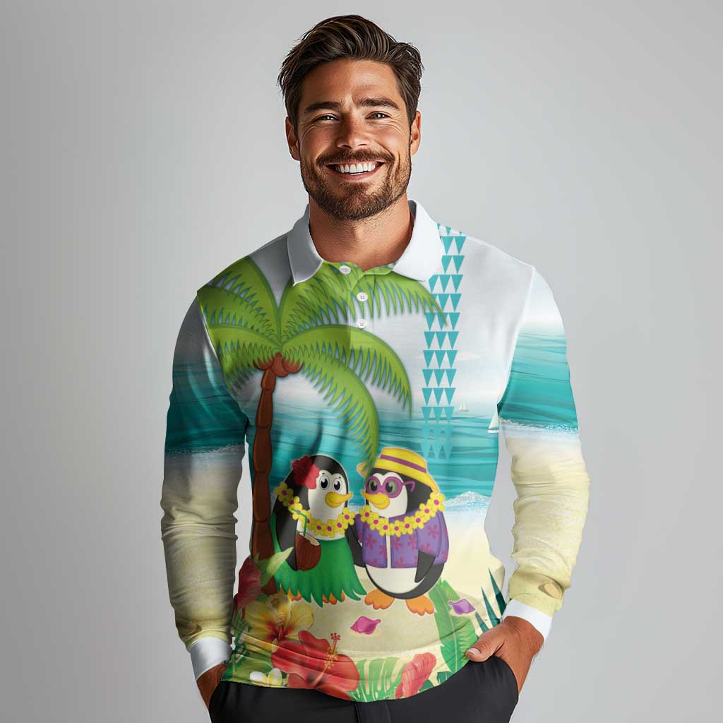 Hawaii Penguin Couple Long Sleeve Polo Shirt Hawaiian Kakau - Tropical Summer Vibes LT14 - Polynesian Pride