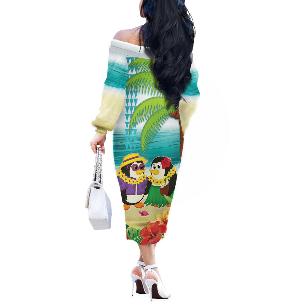 Hawaii Penguin Couple Off The Shoulder Long Sleeve Dress Hawaiian Kakau - Tropical Summer Vibes LT14 - Polynesian Pride