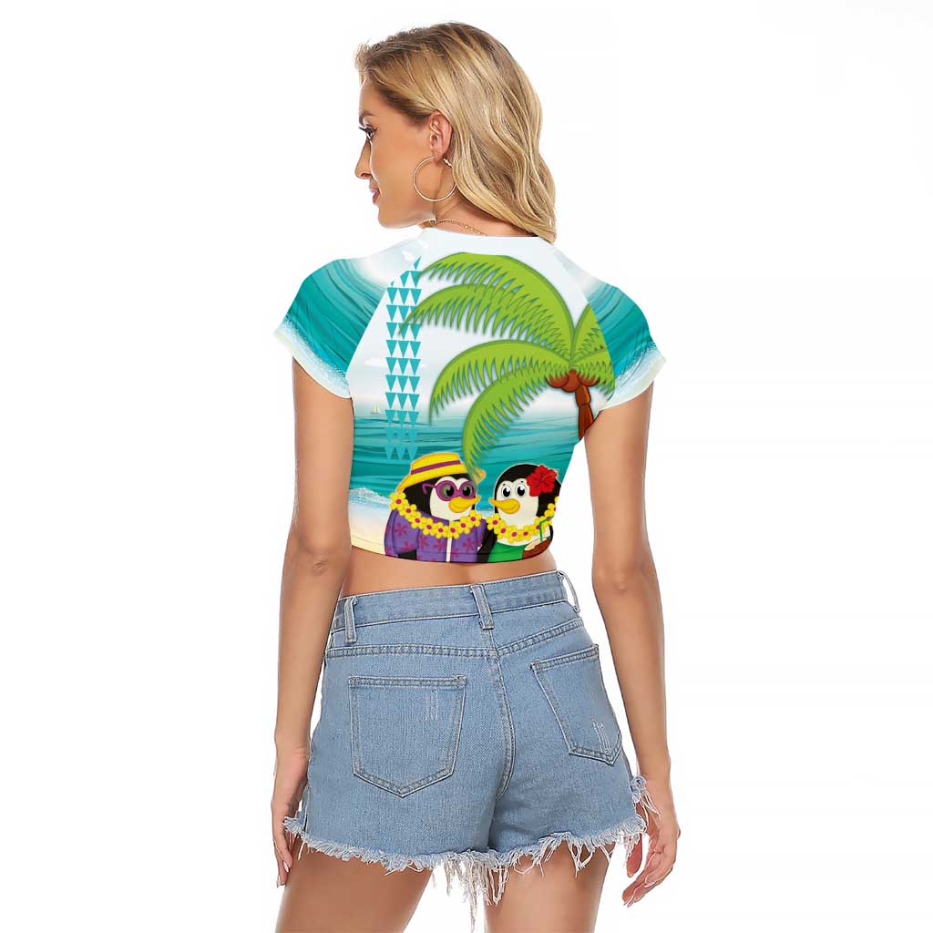 Hawaii Penguin Couple Raglan Cropped T Shirt Hawaiian Kakau - Tropical Summer Vibes