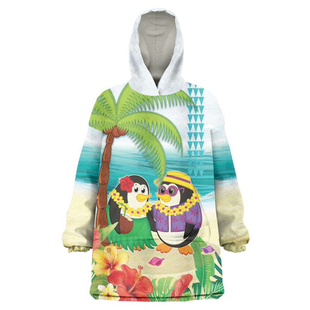 Hawaii Penguin Couple Wearable Blanket Hoodie Hawaiian Kakau - Tropical Summer Vibes LT14 One Size Cyan - Polynesian Pride