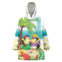 Hawaii Penguin Couple Wearable Blanket Hoodie Hawaiian Kakau - Tropical Summer Vibes LT14 One Size Cyan - Polynesian Pride
