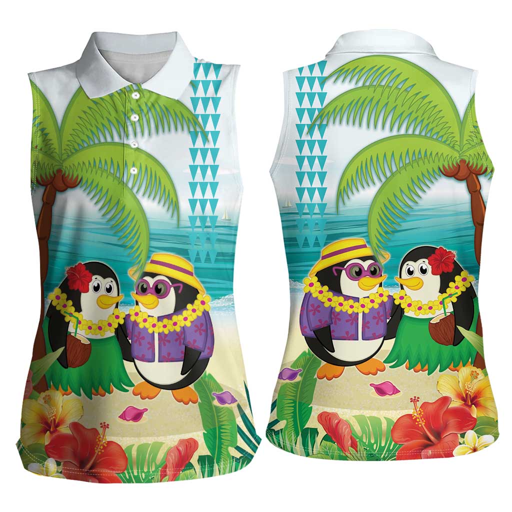 Hawaii Penguin Couple Women Sleeveless Polo Shirt Hawaiian Kakau - Tropical Summer Vibes LT14 - Polynesian Pride