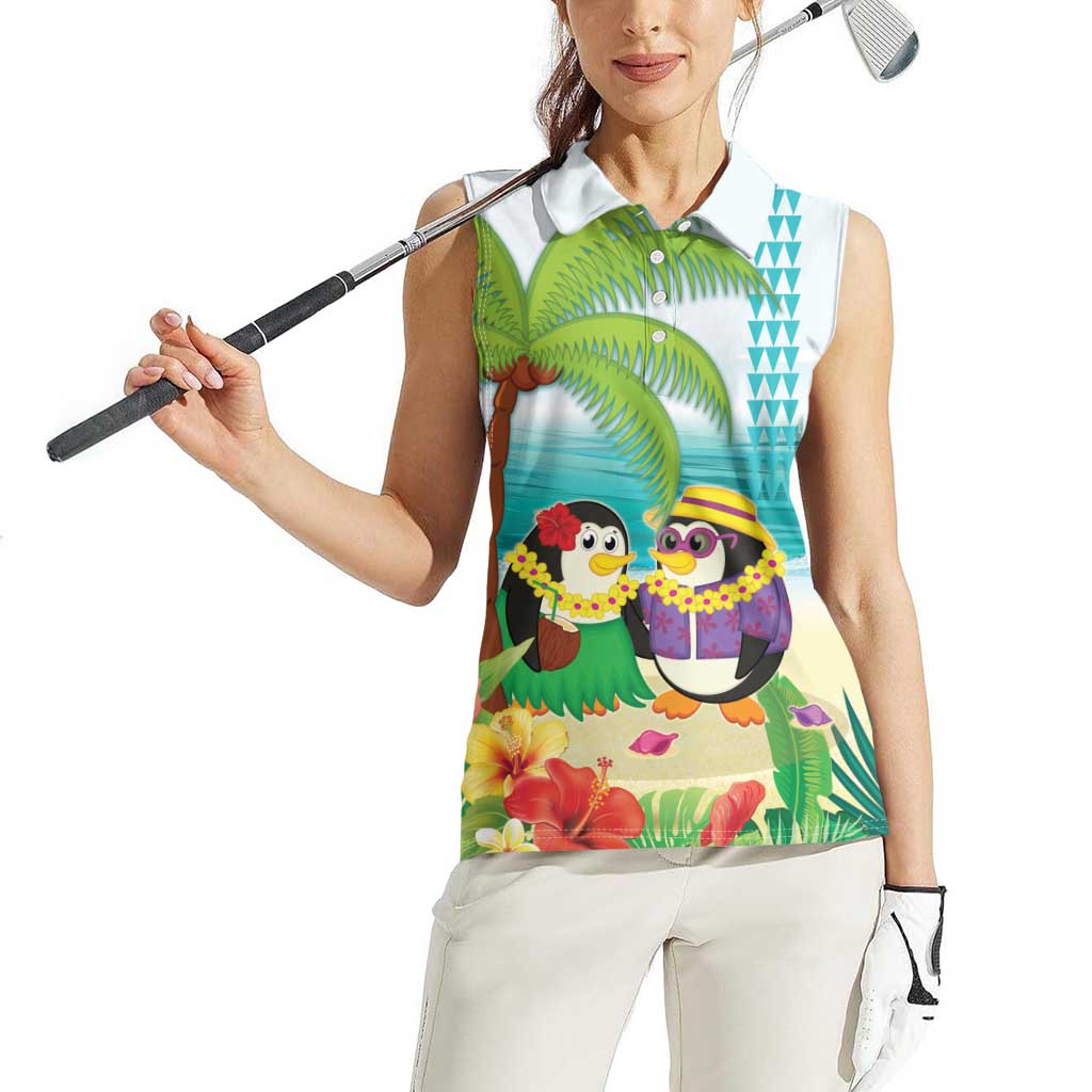 Hawaii Penguin Couple Women Sleeveless Polo Shirt Hawaiian Kakau - Tropical Summer Vibes LT14 - Polynesian Pride