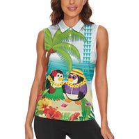 Hawaii Penguin Couple Women Sleeveless Polo Shirt Hawaiian Kakau - Tropical Summer Vibes LT14 - Polynesian Pride