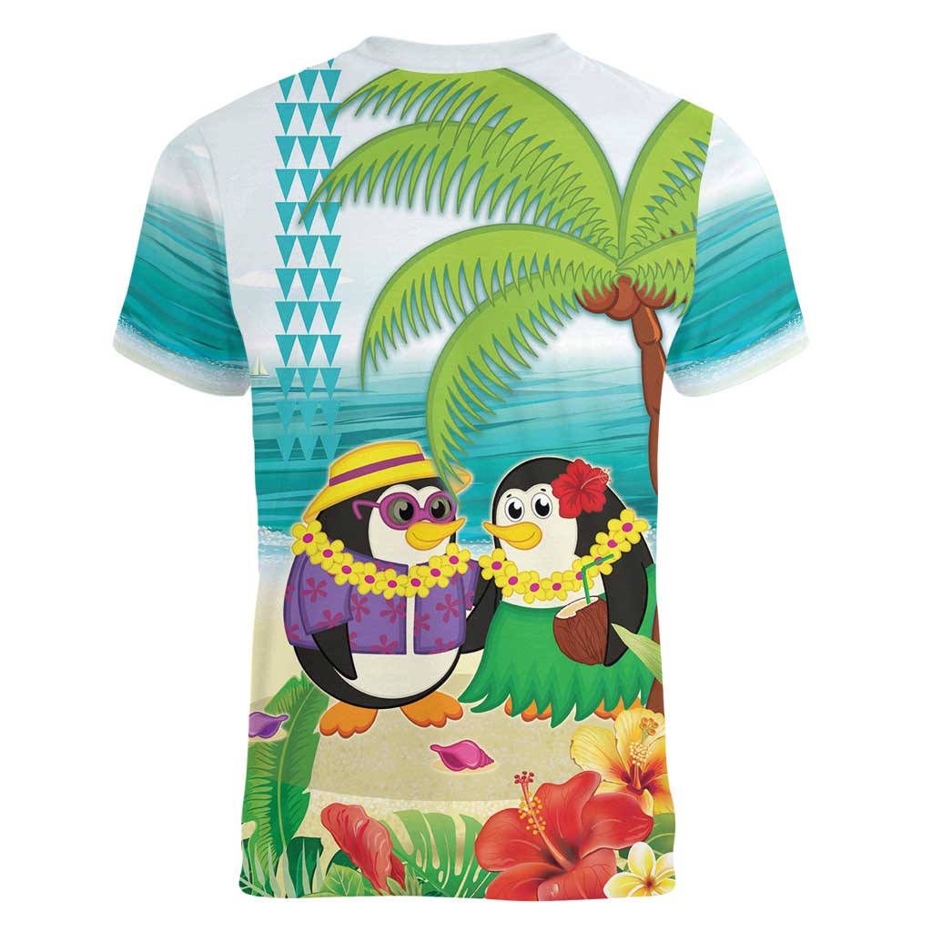 Hawaii Penguin Couple Women V-Neck T-Shirt Hawaiian Kakau - Tropical Summer Vibes LT14 - Polynesian Pride