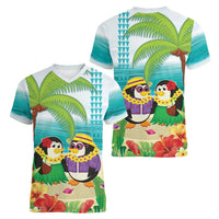 Hawaii Penguin Couple Women V-Neck T-Shirt Hawaiian Kakau - Tropical Summer Vibes LT14 - Polynesian Pride