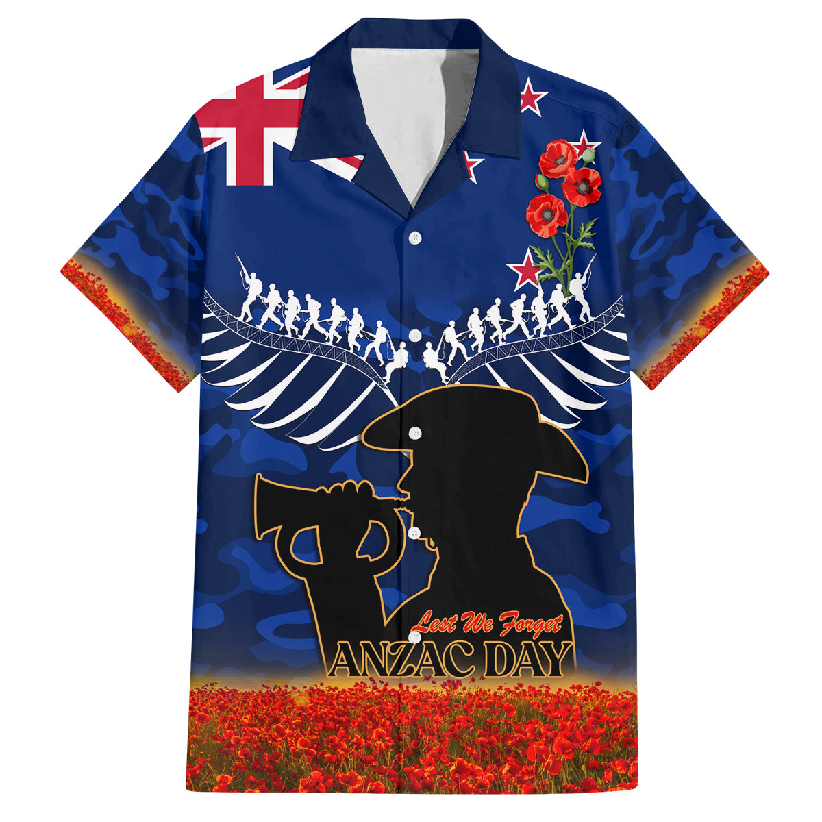 New Zealand ANZAC Day Family Matching Long Sleeve Bodycon Dress and Hawaiian Shirt 25 April Last Post Camouflage With Poppies LT14 Dad's Shirt - Short Sleeve Blue - Polynesian Pride