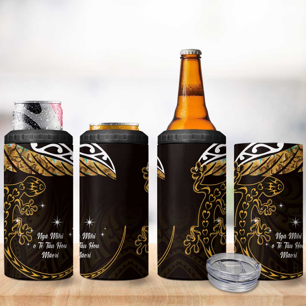 New Zealand Matariki 4 in 1 Can Cooler Tumbler Maori New Year Silver Fern And Lizard - Gold LT14 - Polynesian Pride