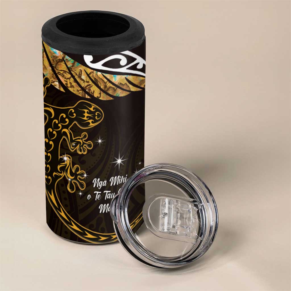 New Zealand Matariki 4 in 1 Can Cooler Tumbler Maori New Year Silver Fern And Lizard - Gold LT14 - Polynesian Pride