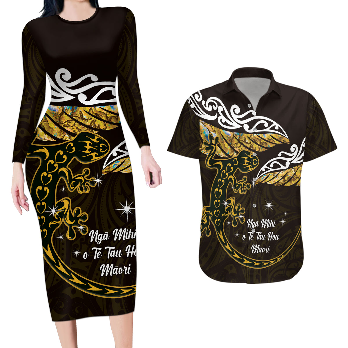 New Zealand Matariki Couples Matching Long Sleeve Bodycon Dress and Hawaiian Shirt Maori New Year Silver Fern And Lizard - Gold LT14 Gold - Polynesian Pride