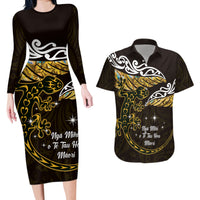 New Zealand Matariki Couples Matching Long Sleeve Bodycon Dress and Hawaiian Shirt Maori New Year Silver Fern And Lizard - Gold LT14 Gold - Polynesian Pride
