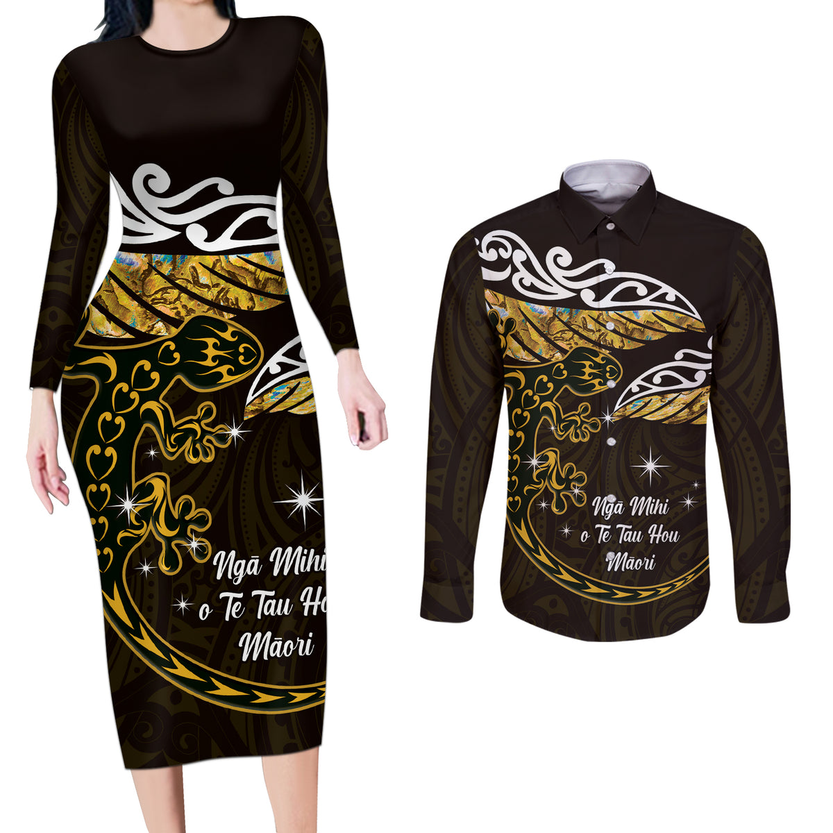 New Zealand Matariki Couples Matching Long Sleeve Bodycon Dress and Long Sleeve Button Shirt Maori New Year Silver Fern And Lizard - Gold LT14 Gold - Polynesian Pride