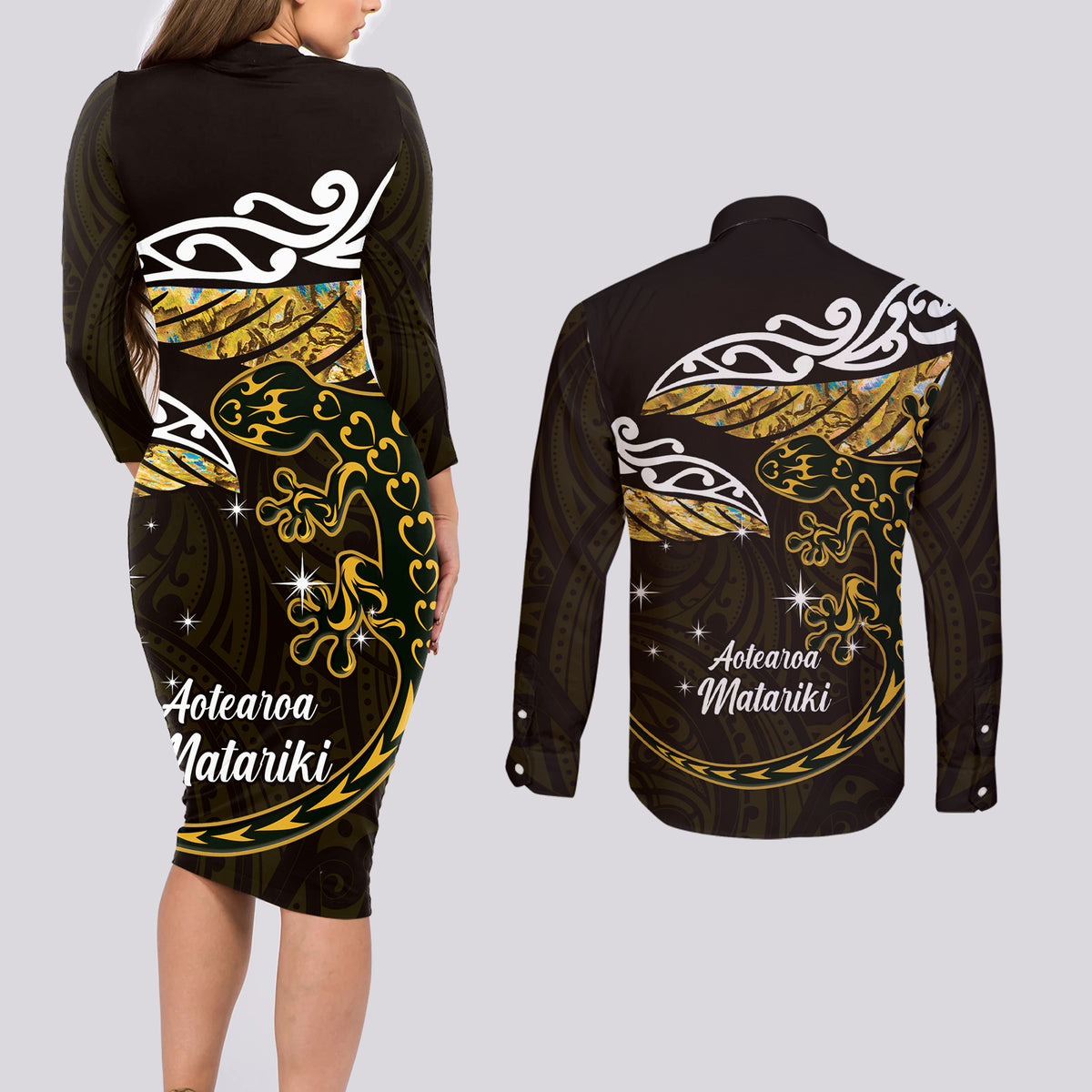 New Zealand Matariki Couples Matching Long Sleeve Bodycon Dress and Long Sleeve Button Shirt Maori New Year Silver Fern And Lizard - Gold LT14 - Polynesian Pride