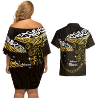 New Zealand Matariki Couples Matching Off Shoulder Short Dress and Hawaiian Shirt Maori New Year Silver Fern And Lizard - Gold LT14 - Polynesian Pride
